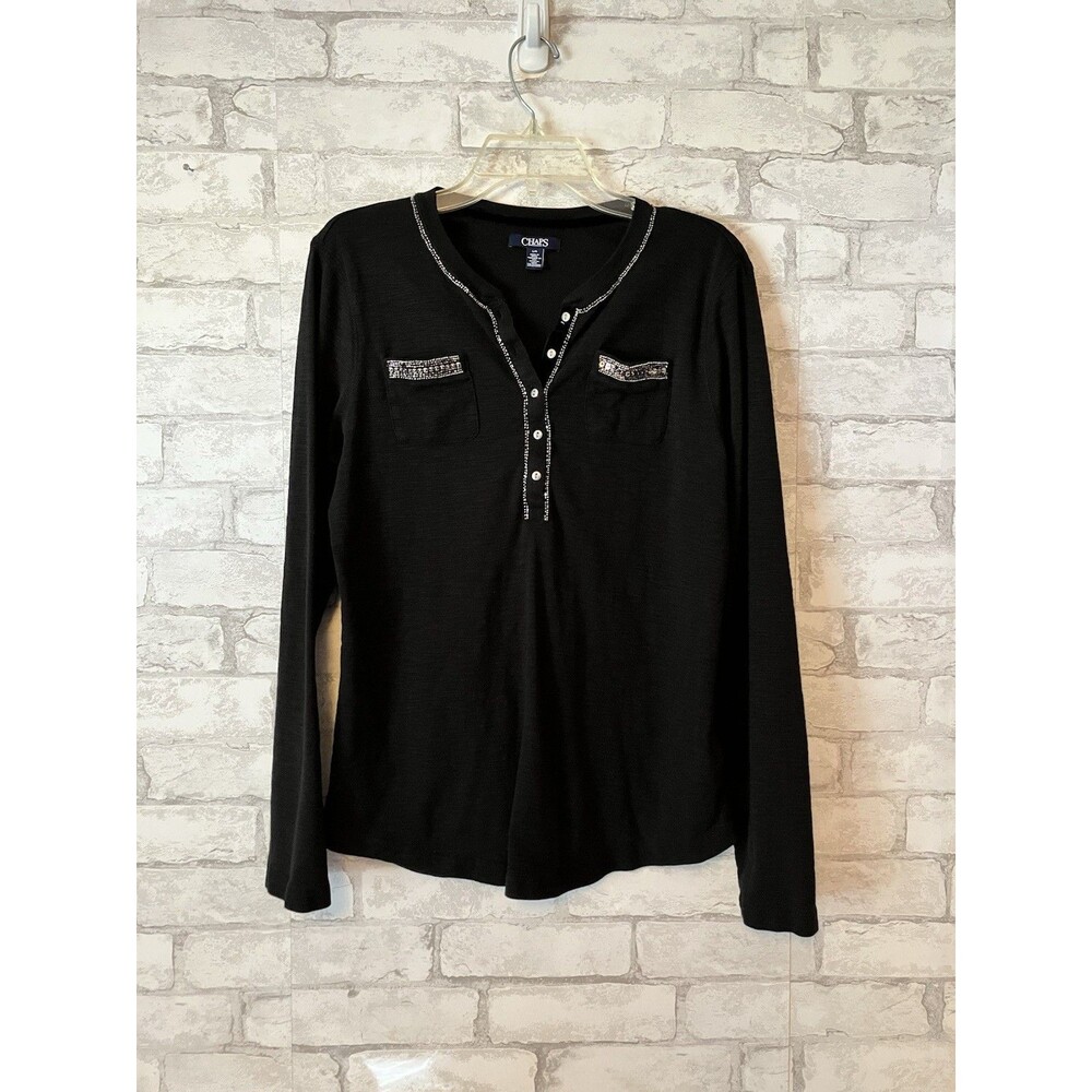 Chaps Women’s Long Sleeve Top Size L Black With Bead Embellishment Black Cotton